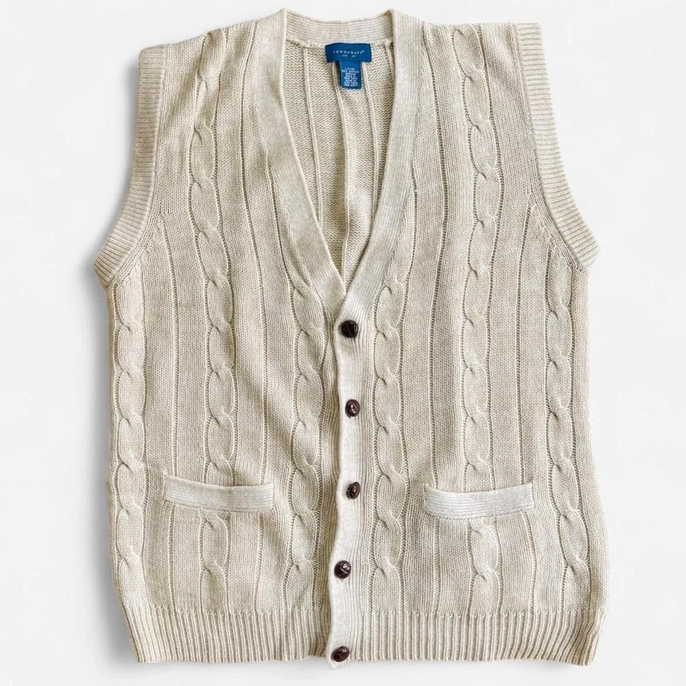 Vintage Men’s Towncraft Cream Tan Cable Knit V-Neck Grandpa Button Sweater Vest